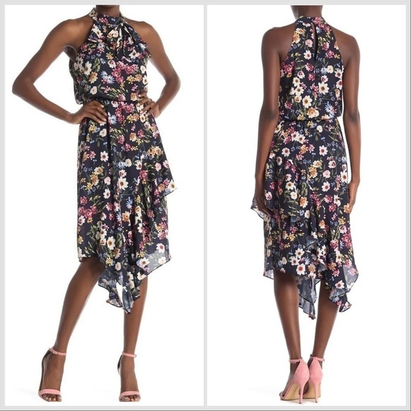 PARKER FLORAL HIGH Halter NECK SLEEVELESS ASYMMETRICAL DRESS COSMIC DAISY Sz M - Picture 14 of 15